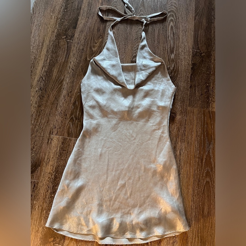 Zara slip on gold metallic mini dress with
draped detail size xs